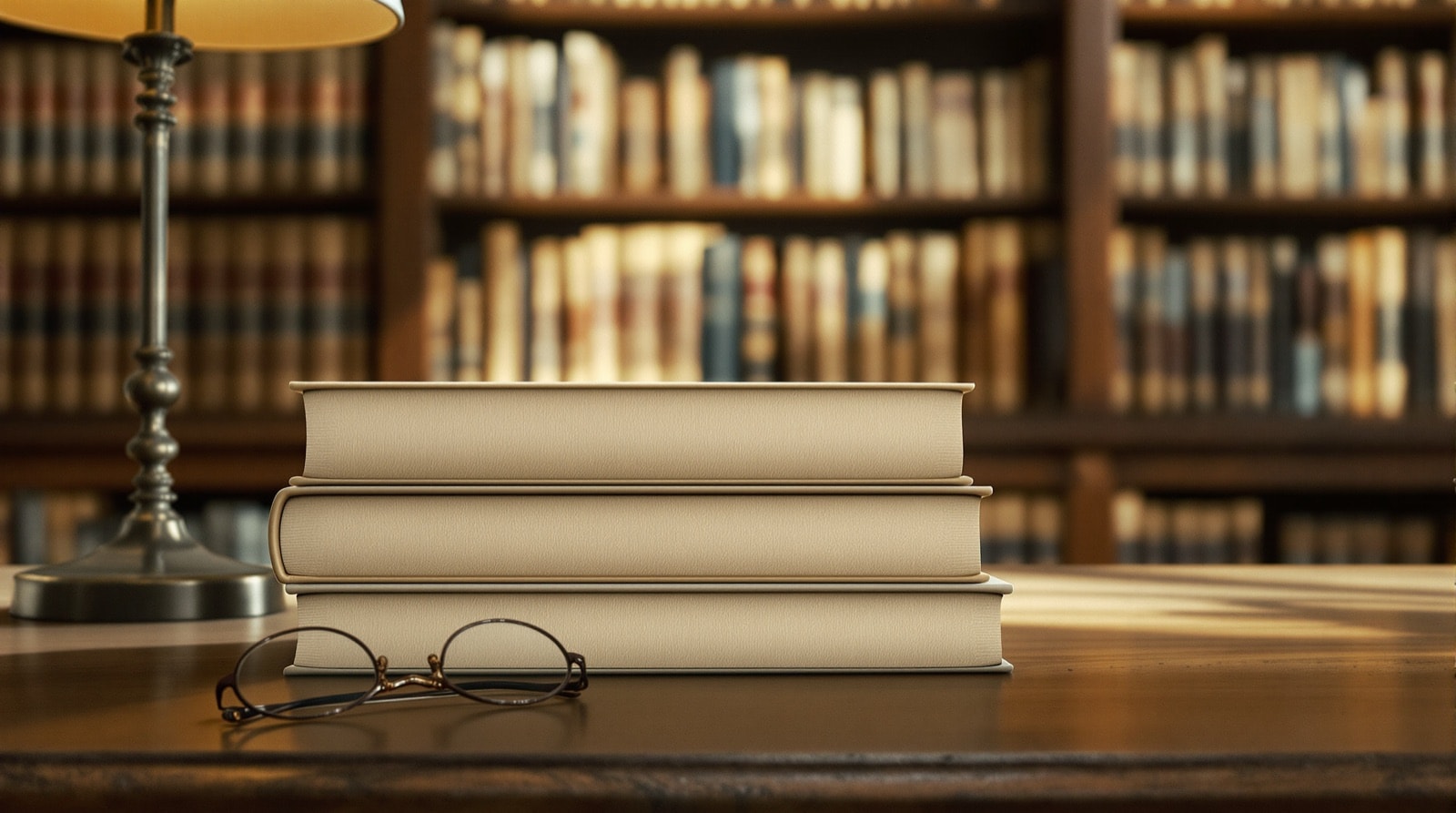 Mesa de biblioteca con libros de poesía cerrados y estantería al fondo